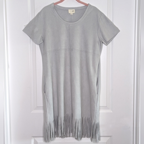 Joh Faux Genuine Suede Short Sleeve Western Bottom Fringe Dress Light Gray M - Picture 4 of 15
